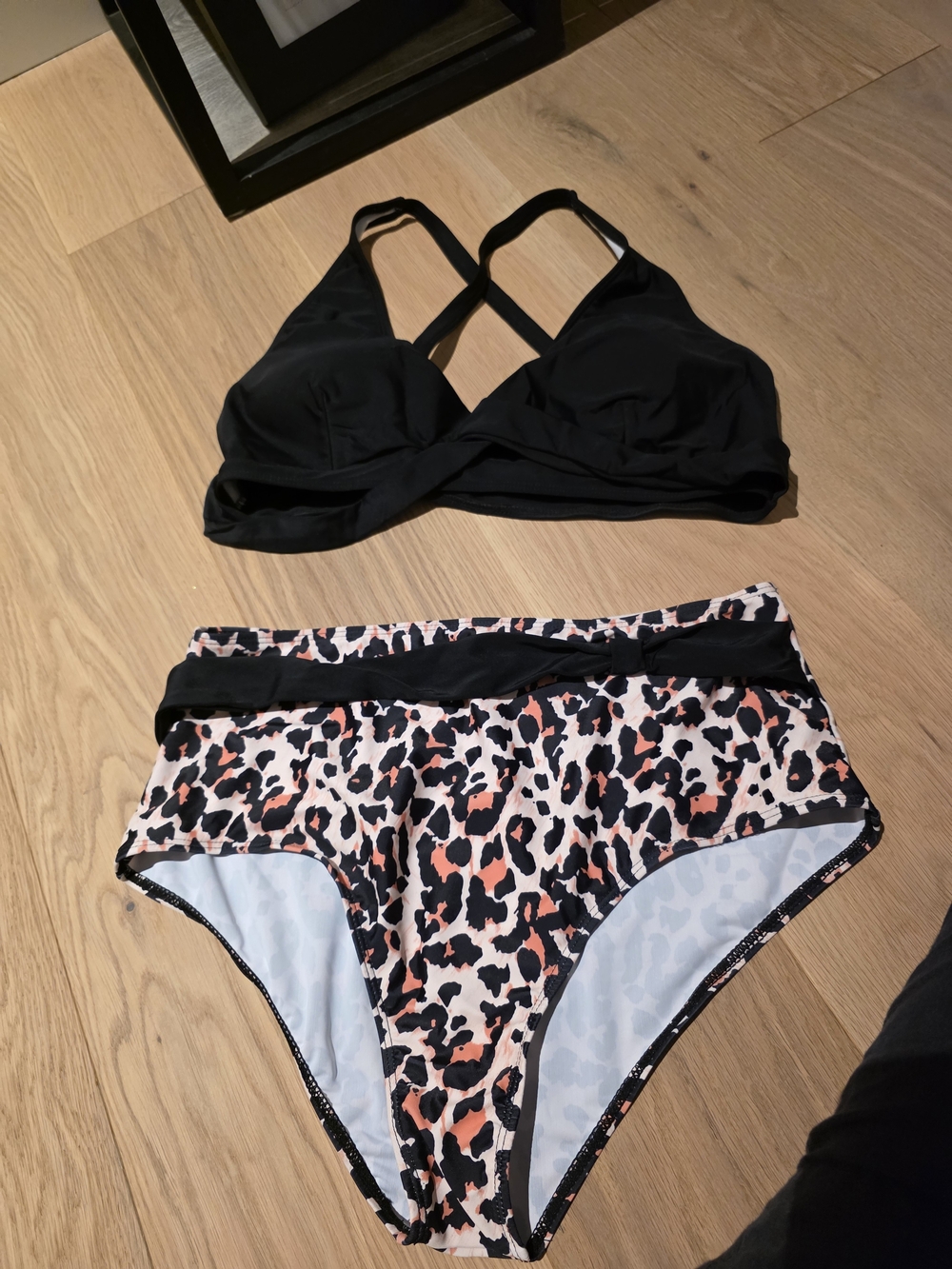 Brand New Black Bralette Bikini Top with Pink Leopard High-Waist Bottoms